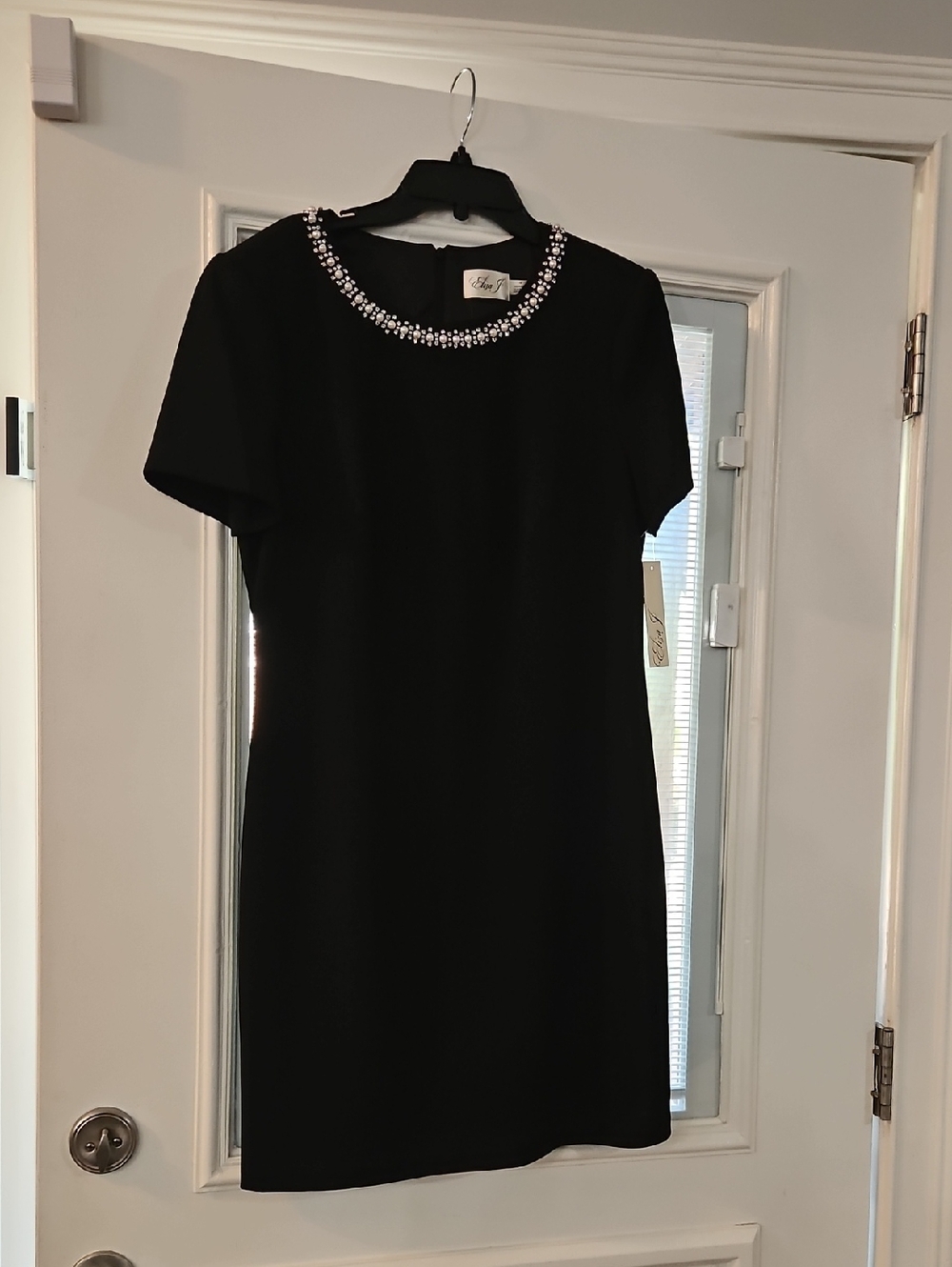 Eliza J Black Short-Sleeve Shift Dress with Beaded Collar